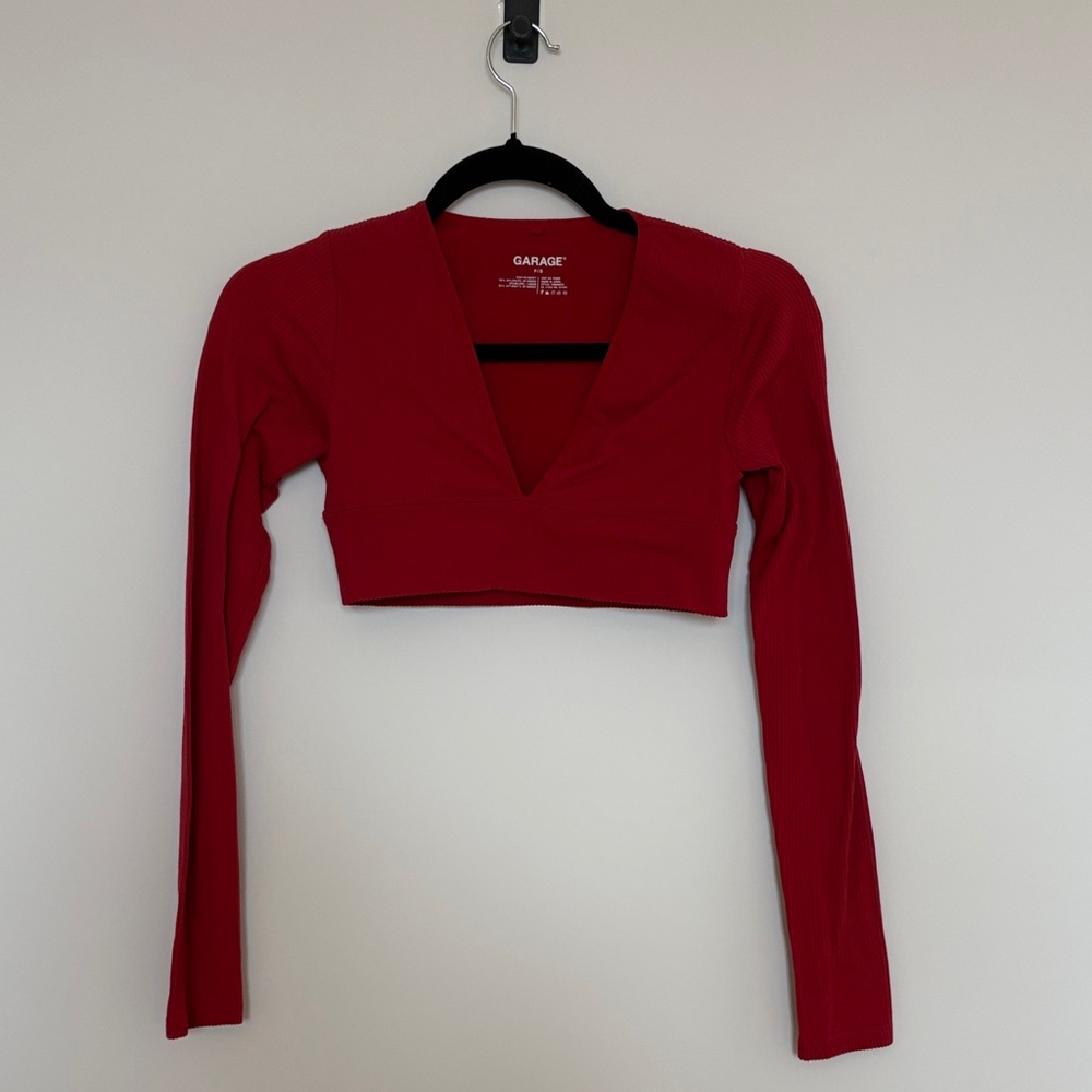 Garage Red V-Neck Long Sleeve Crop Top